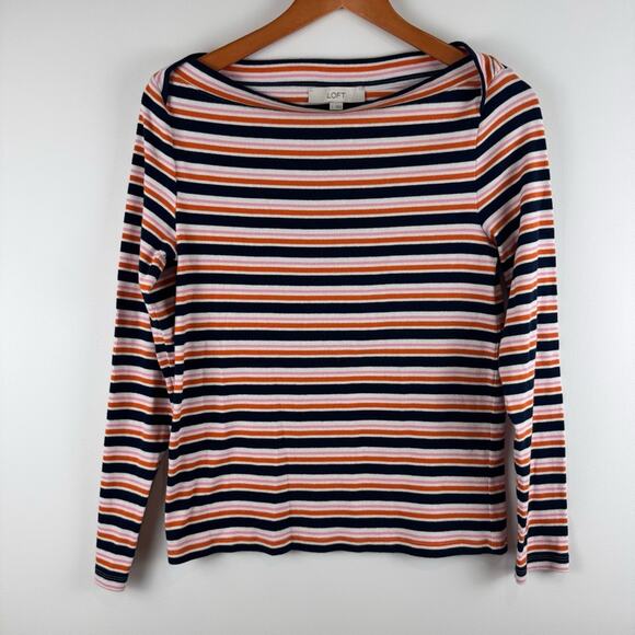 LOFT Tops - LOFT Women's Crew Neck Striped Long Sleeve Top - Navy, Orange, White